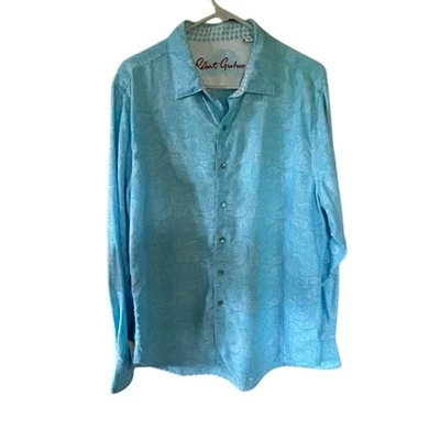 Camisa Robert Graham Calce Clásico Manga Larga Azul Paisley XL Lino Algodón Foto 1 de 4