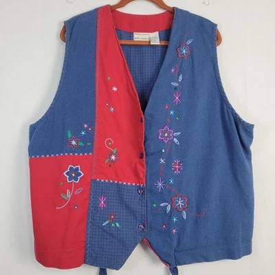 Chaleco Vintage Estampado Mixto Patchwork Floral Bordado Botón Talla 2X Azul Rojo Años 90 Foto 1 de 4