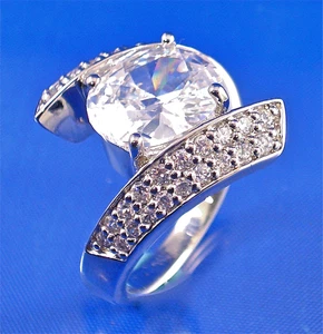 STERLING SILVER OVAL CZ CENTER & PAVE SET ROUND CZ BYPASS RING, SZ-8 - Picture 1 of 7