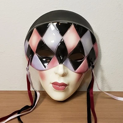 Vintage Hand Painted Porcelain Clay Art Harlequin Wall Hanging Masquerade Mask - Image 1 of 4