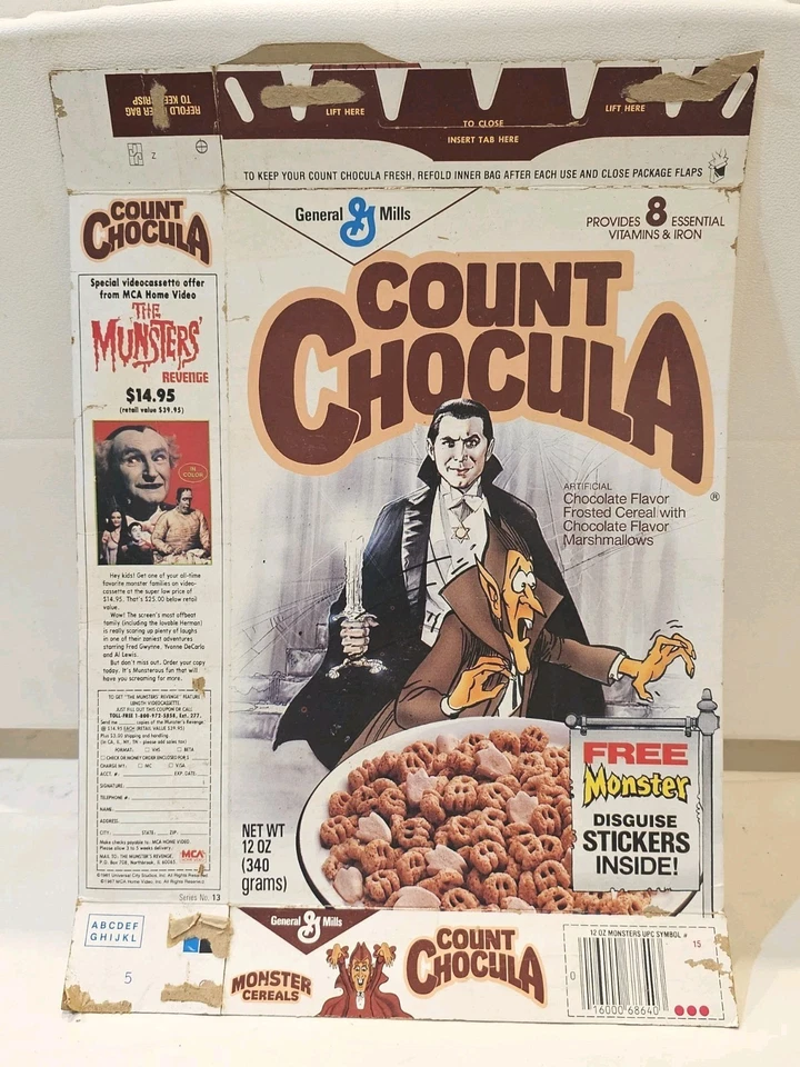 Caja de cereales ultra rara prohibida 1987 Count Chocula Bela Lugosi - estrella  Foto 1 de 4