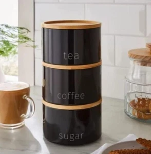 New Contemporary Design Tea, Coffee and Sugar Metal Stacking Canisters in Black. - Picture 1 of 3