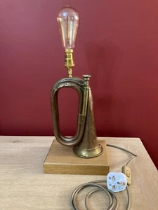 Upcycled Copper & Brass Military Bugle Table Lamp Oak Hardwood Edison Bulb New - Picture 1 of 5