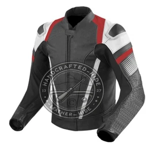 Men's Black Motorcycle Racing White Stripe Genuine Cowhide Leather Jacket - Picture 1 of 5