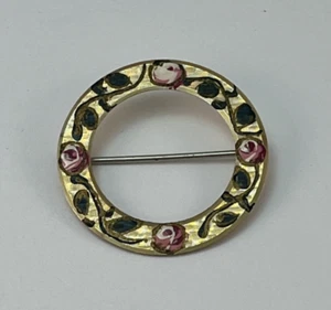 Vintage KREMENTZ Gold Tone Enameled Circle Brooch Pin Pink Roses Flowers - Picture 1 of 9
