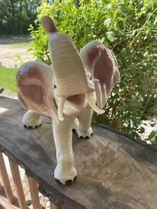 VTG 3-D Ceramic elephant statue raised trunk/plastic Tusk white/pink 14”x16”x11” - Picture 1 of 16