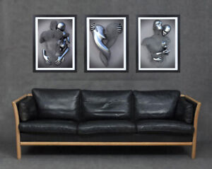 Love Silver Couple Abstract Erotic Embrace Kissing Triptych Set A4 A3 A2 Prints