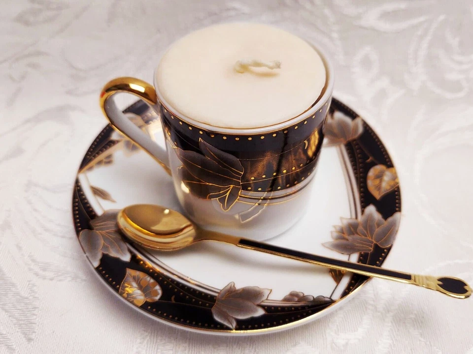 Demitasse Cup Saucer  Quiet Moments Island Breeze Candle Spoon Black White Gold - Image 1 of 4