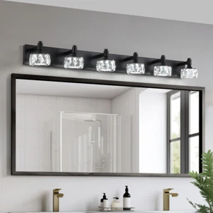 6-Light Matte Black LED Vanity Light with Crystal Shades for Modern Bathrooms - Picture 1 of 9