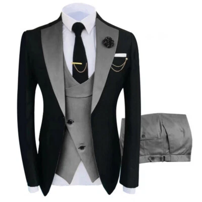 Business Men Tuxedo Wedding Suits Gray Vest Pants Groom Party Prom Dinner Coats - Image 1 of 4