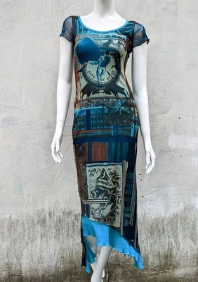 SAVE THE QUEEN MAXI DRESS TAURUS PRINT STRETCH TULLE ASYMMETRICAL sz S Y2K - Image 1 of 4