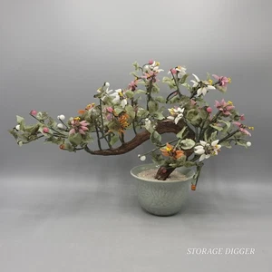Vintage chinesische Jade Quarz Stein Glas Blume Bonsai Baum 10" x 15" Seladon - Bild 1 von 16