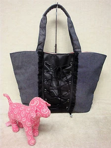 VICTORIA'S SECRET-Sexy Flirty Corset Blue Denim & Black Lace Tote Bag & Pink Dog - Picture 1 of 8