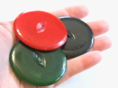 BIG BOLD BAKELITE BUTTON TRIO - SET LOT OF 3 RED GREEN AND RARE DARK TEAL BLUE  - Image 1 of 4