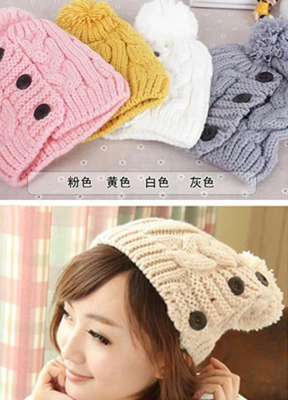 Lindos sombreros de esquí cálidos de lana tejida de invierno para mujer con tres botones  Foto 1 de 4