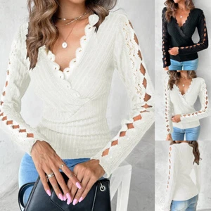 Sexy Lace Women V Neck Long Sleeve Shirt Pullover Ribbed Slim Party Tops Blouse - Picture 1 of 20