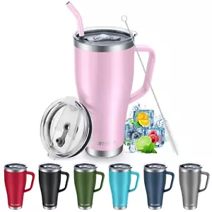 30 Oz Tumbler with Lid and Straw Handle Travel Coffee Mug HOT COLD Drinks - Picture 1 of 12