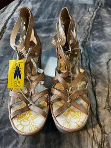 NEW Fly London Yuke Sandals 41 Gold Leather Wedge Strappy Gladiator Festival - Picture 1 of 7