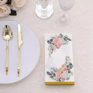 20 White 2 Ply Dinner Paper NAPKINS Peony Flower Print Gold Edge Party Events - Picture 1 of 9
