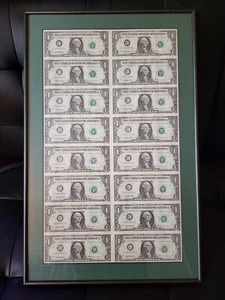 SHEET OF 16 UNCUT 1999 $1 BILLS framed . rare !! - Picture 1 of 3