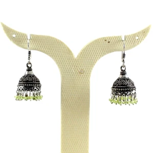 Earrings Natural Peridot Gemstone Handmade Beads Jewelry Oxidized Jhumki Jewelry - Picture 1 of 2
