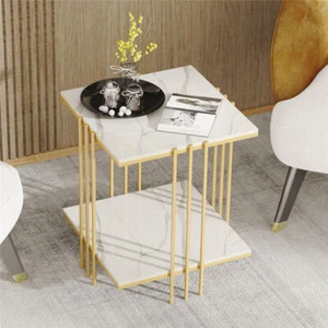 2 Tier Modern Marble Coffee Table Side End Table Sofa Corner Side Bookshelf - Picture 1 of 12