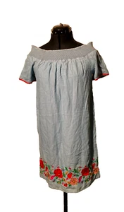 Falmer Heritage Dress Small Denim Summer Off Shoulder Embroidery Floral Size 8 - Picture 1 of 12