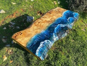 Custom Olive Wood Blue Epoxy Ocean & Ice Design Table – Dining, Coffee, or River - Picture 1 of 9