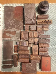 VINTAGE 43 PC WOOD PRINTING PRESS PLATE BLOCK LOT-COPPER-TPA-MASA-OBITUARY - Picture 1 of 12