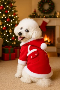 Christmas Dog Pajamas Soft Fleece Holiday Pet Jumpsuit with Hood & Pom-Pom - Picture 1 of 9