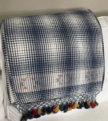 Pottery Barn Quilted Cypress Plaid Table Runner 18”x 90” Blue Red Tassel - Image 1 of 4