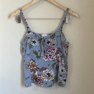 PINK ROSE Crinkle Tank Top Blue Floral Print Womens L Keyhole Neckline with Tie - Picture 1 of 7