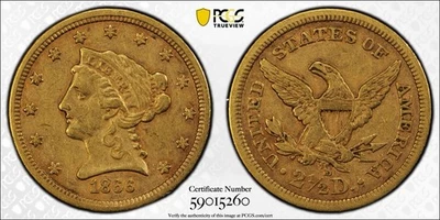 Cuarto de águila de oro 1866 S $2,50 graduación profesional XF45 Foto 1 de 4