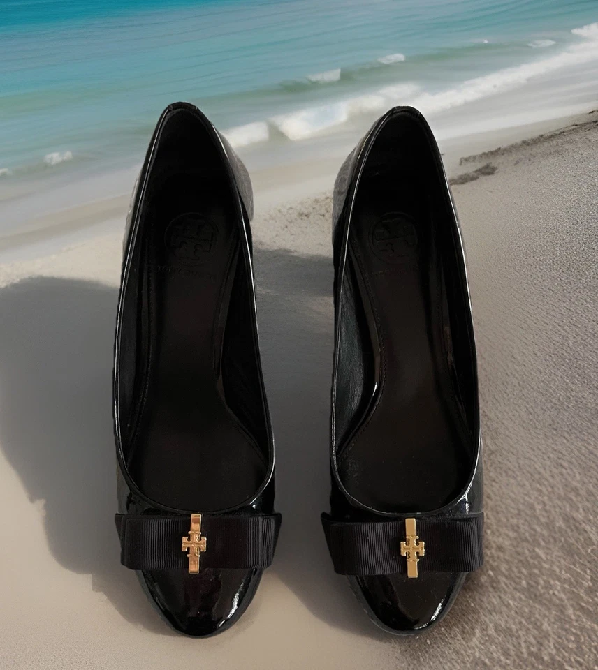 Zapatos de salón Tory Burch con lazo de cinta charol negro tacón bloque zapatos de carrera damas talla 5M Foto 1 de 4