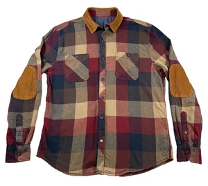 Plaid Flannel Shirt Mens Medium Corduroy Collar Elbow Patches Rustic Workwear - Picture 1 of 13