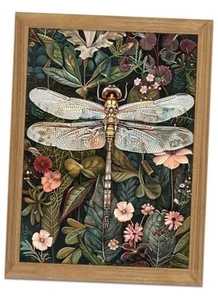 Framed Vintage 3D Textured Wall Art - Dark Green Dragonfly Flowers Wall Decor - Picture 1 of 7