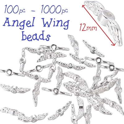 100pc ~ 1000pc Angel Fairy Wing Spacer Beads 12mm Bright Silver Tone Bulk Charms - Image 1 of 3