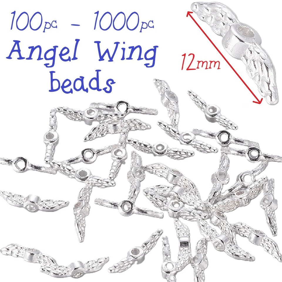 100pc ~ 1000pc Angel Fairy Wing Spacer Beads 12mm Bright Silver Tone Charms Bulk - Image 1 of 3