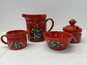 WAECHTERSBACH Red CHRISTMAS TREE SUGAR & CREAMER Pitcher Bowl W. GERMANY Coffee - Picture 1 of 24