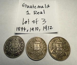 Lot of 3 Guatemala - 1 Real Coins- 1894 Silver 900 & 1910, 1912 metal alloy - Picture 1 of 8