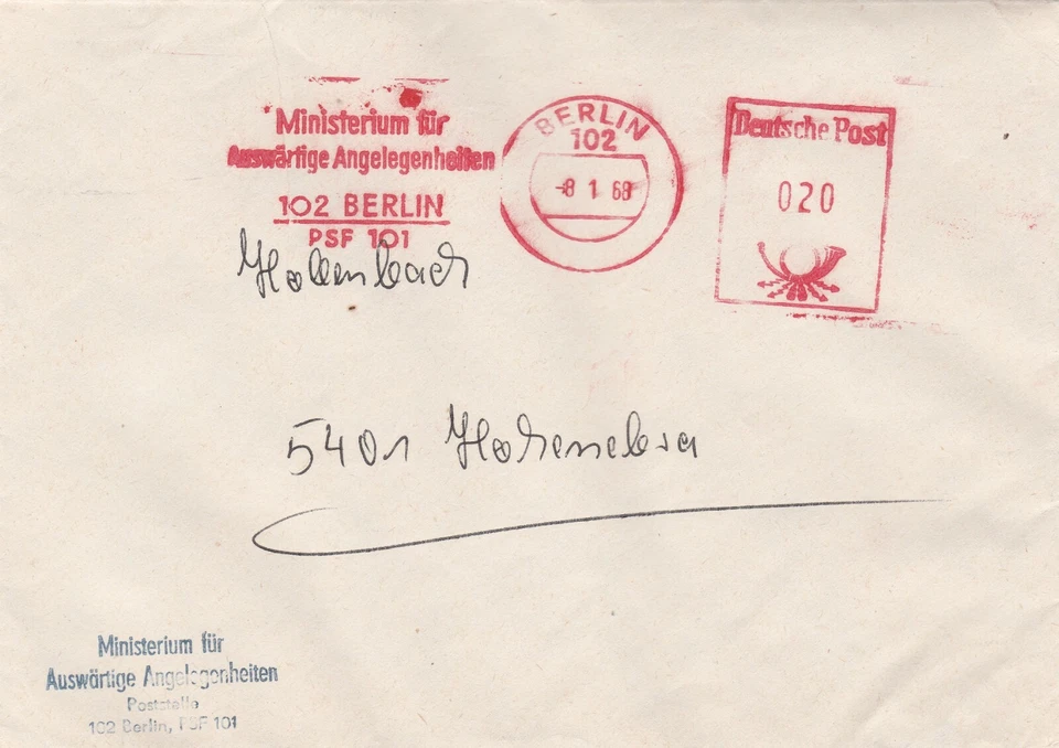 Germany: 1968, Berlin 102, Ministry of Foreign Affairs machine cancel on cover - Image 1 of 1