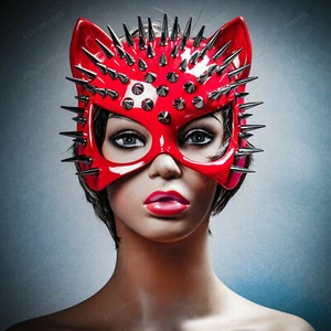 Glänzende rote Katze Frauen Sexy Steampunk Halloween Party Gesichtsmaske mit silbernen Stacheln - Bild 1 von 6