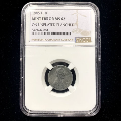 1985 D 1C NGC MS62 Zinc Lincoln Penny Mint Error Struck On Unplated Planchet Cover