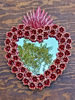 26" PUNCHED TIN MIRROR flower roses, Mexican hacienda style - Image 1 of 4