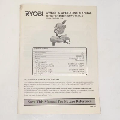 Ryobi Owner's Operating Manual 10" Super Miter Saw Model TS25411 - Image 1 of 4