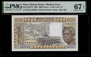 West African States / Burkina Faso 1000 Francs 1985 PMG 67 EPQ UNC P#307Cf  - Picture 1 of 4