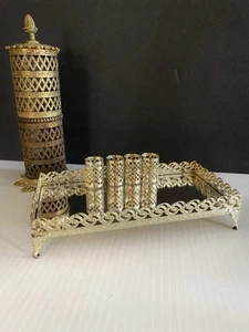 Vanity Lipstick Mirror Tray Holder Gold Tone Filigree Container Brushes Hat Pin - Picture 1 of 24