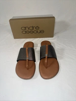 Sandalias Andre Assous Tanga Cuero Metálico Sin Cordones Cómodas Planas Talla 9 Foto 1 de 4