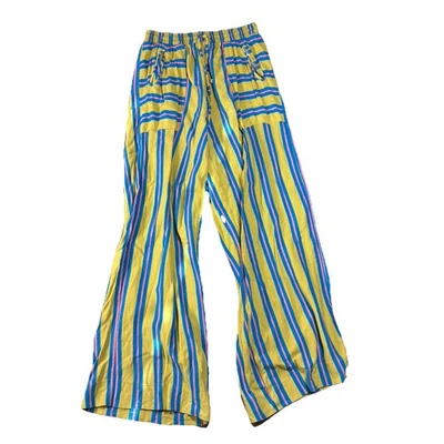 Free People FP Beach Dana Linen Cotton Pants Yellow Blue Boho Womens Size Small - Image 1 of 4