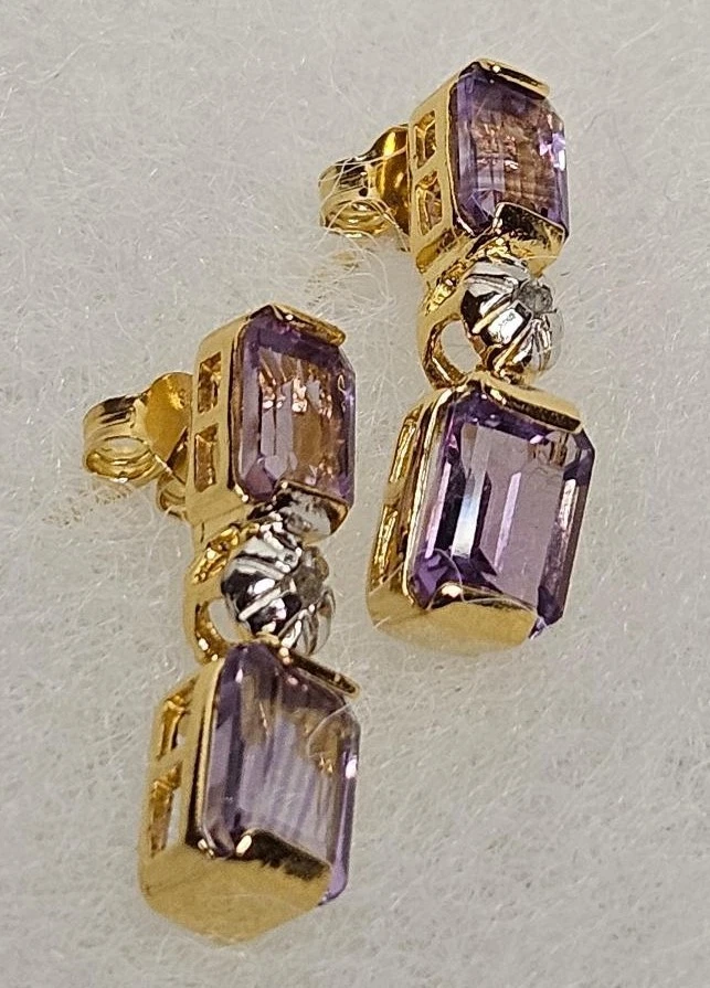 Pendientes Oro Amarillo 18K Sobre Plata 925 Amatista y Diamante Foto 1 de 2